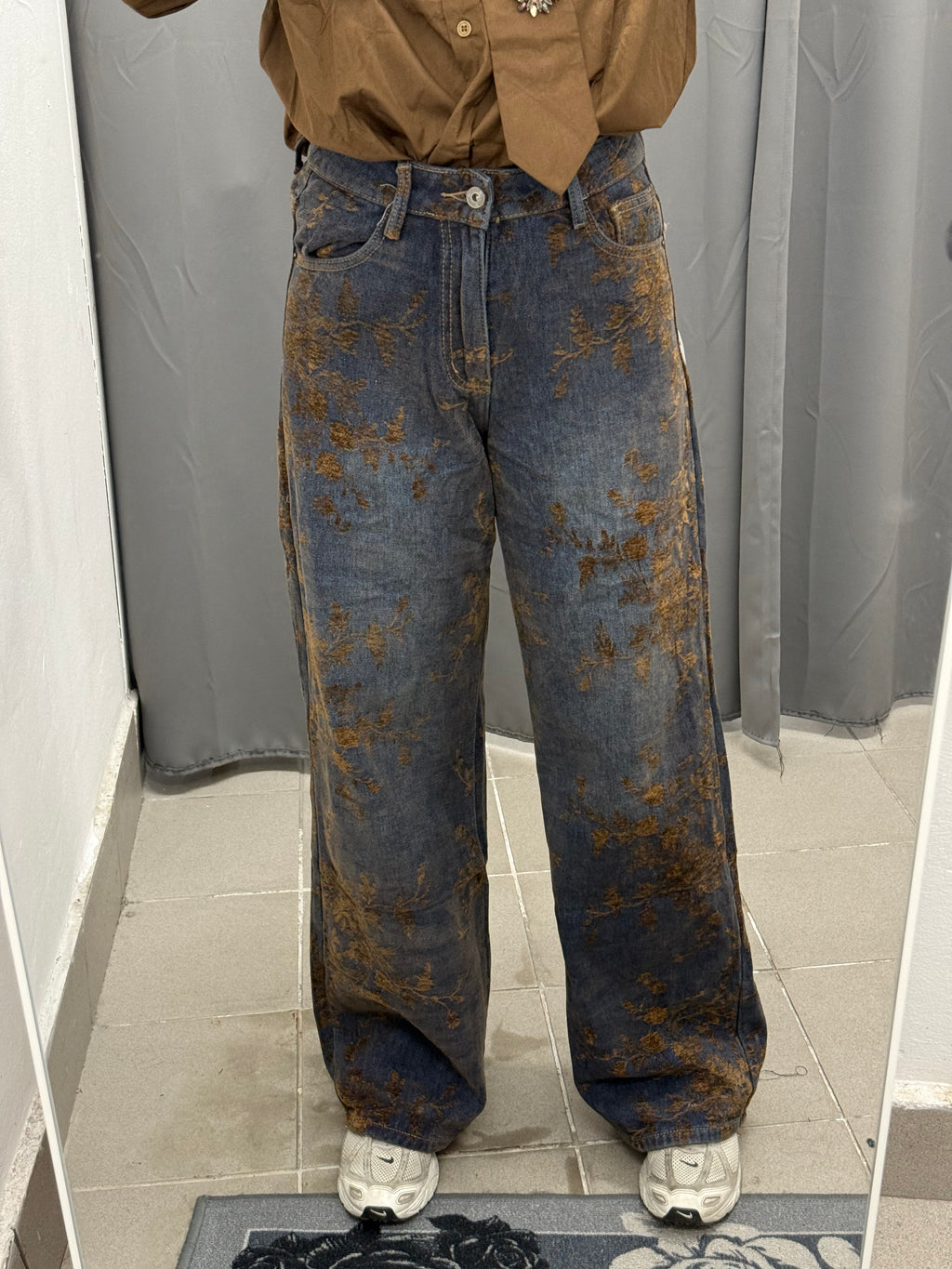 Jeans Wide Leg Con Stampe Fiorate In Velluto FGD MODA