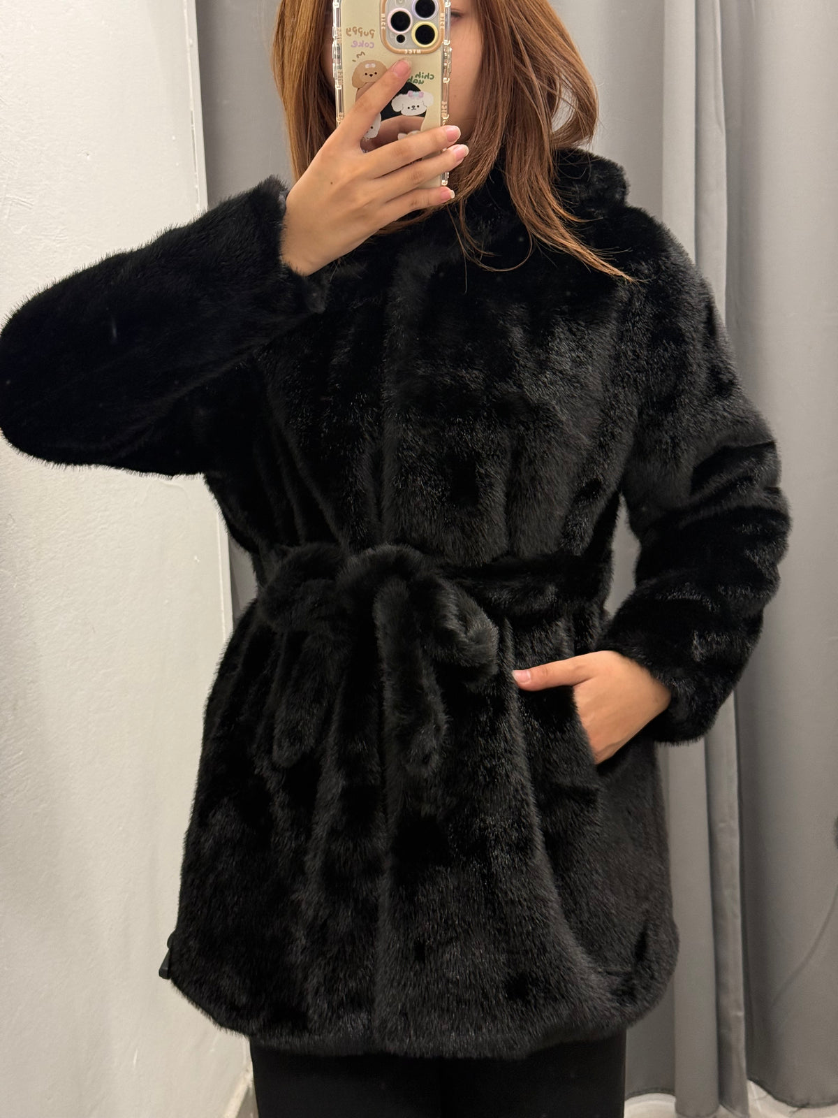 Cappotto Pelliccia Chiusura A Bottoni Con Cappuccio E Cinta FGD MODA