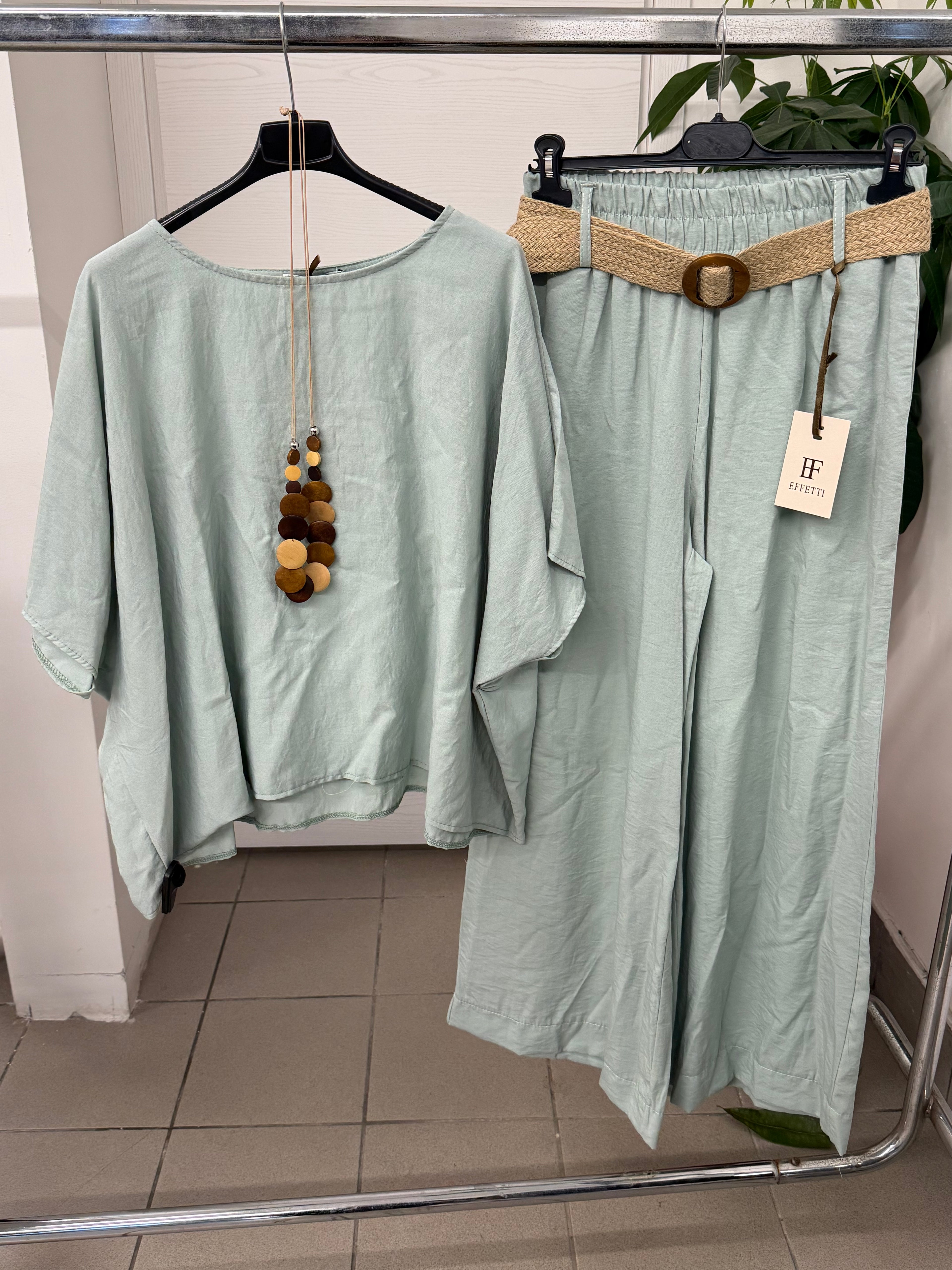 Set coordinato in cotone e viscosa Maglietta e Pantaloni a palazzo con cinta FGD MODA