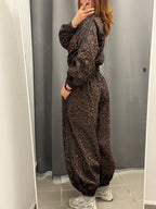 Set Coordinato Acetato Leopardato Giacca E Pantaloni Balloon Con Strisce Laterali FGD MODA