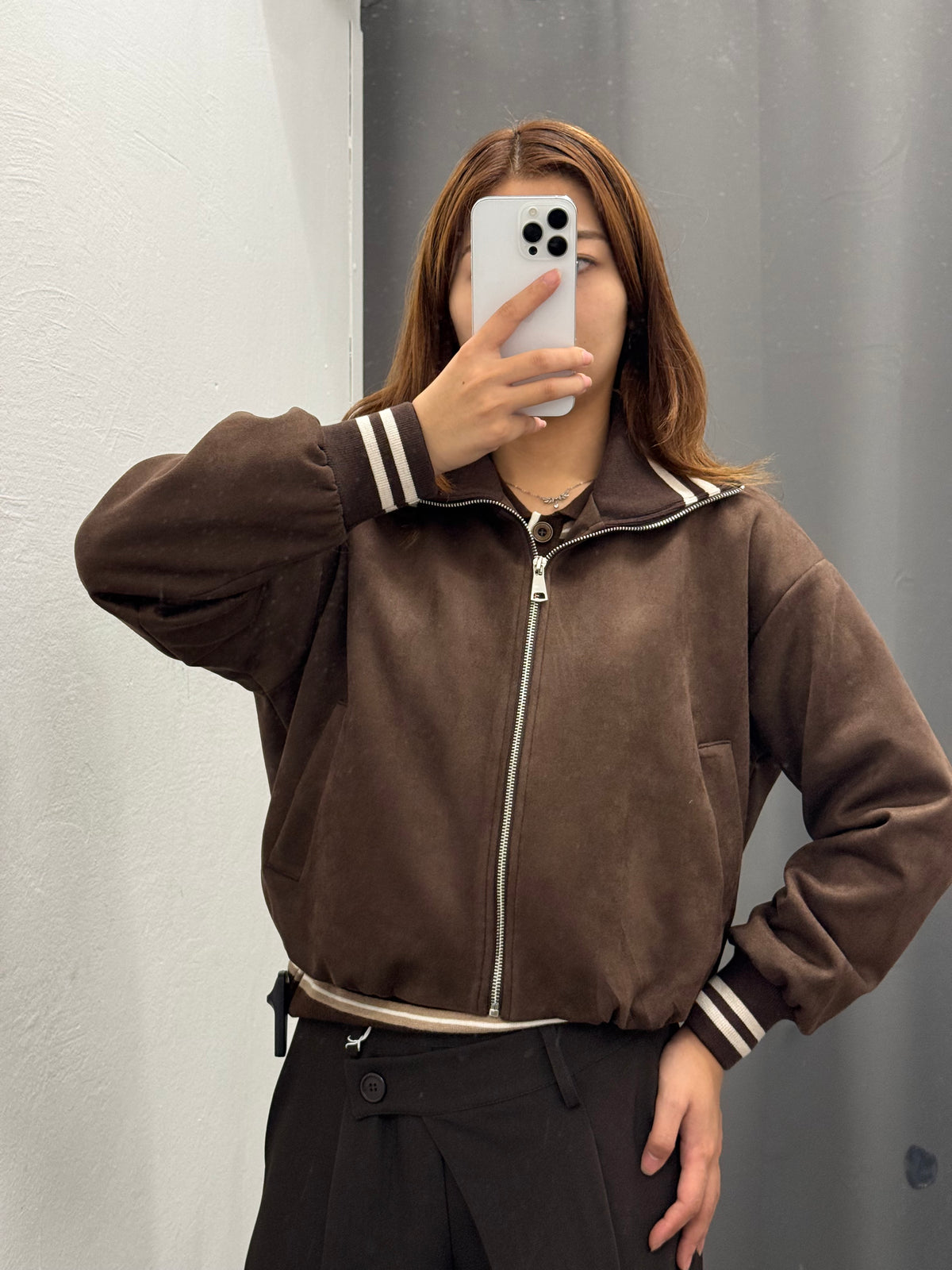 Giacca Bomber In Camoscio Con Colletto E Polsini A Righe FGD MODA