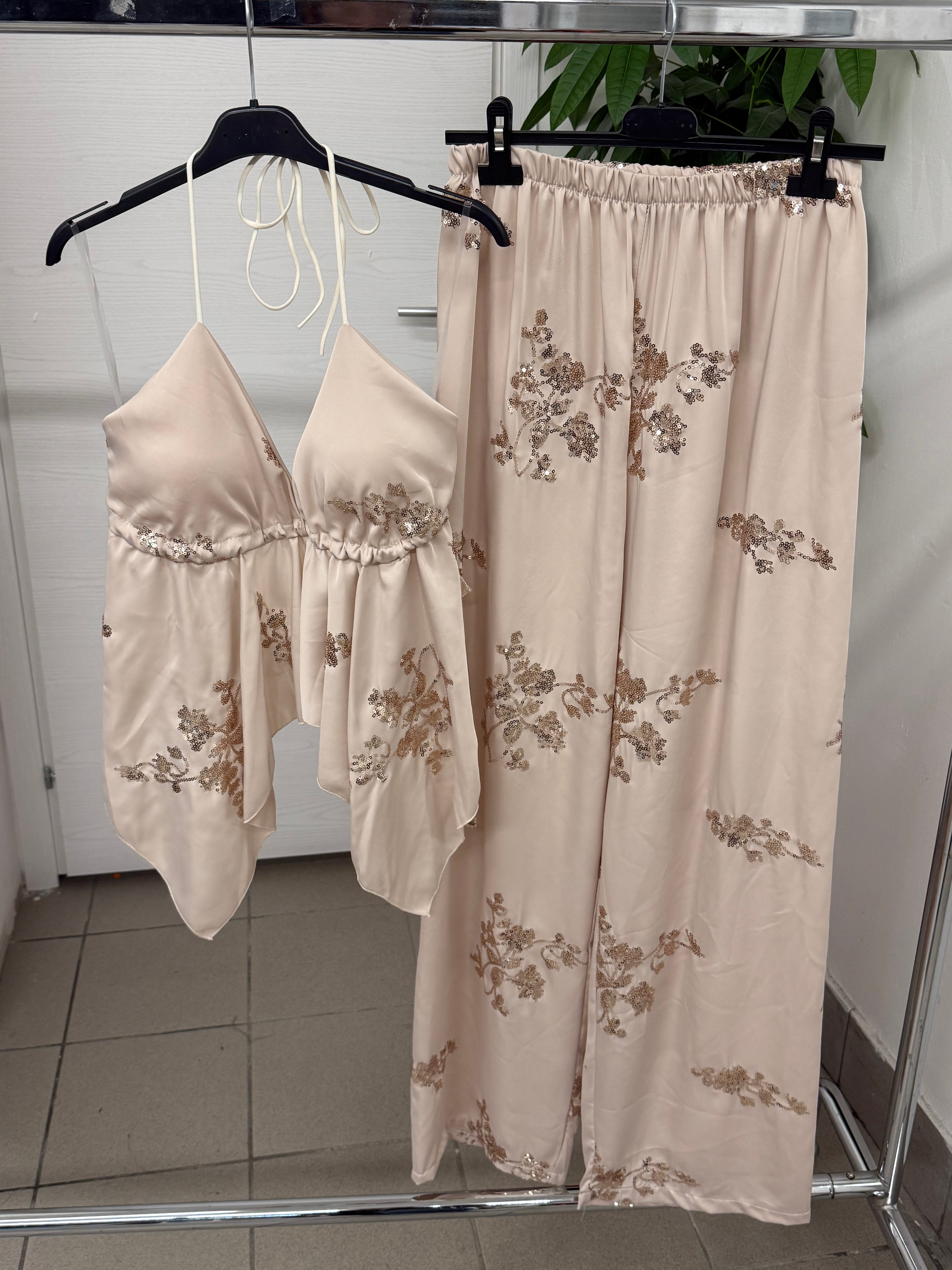 Set coordinato Top e Pantaloni a palazzo con paillettes FGD MODA