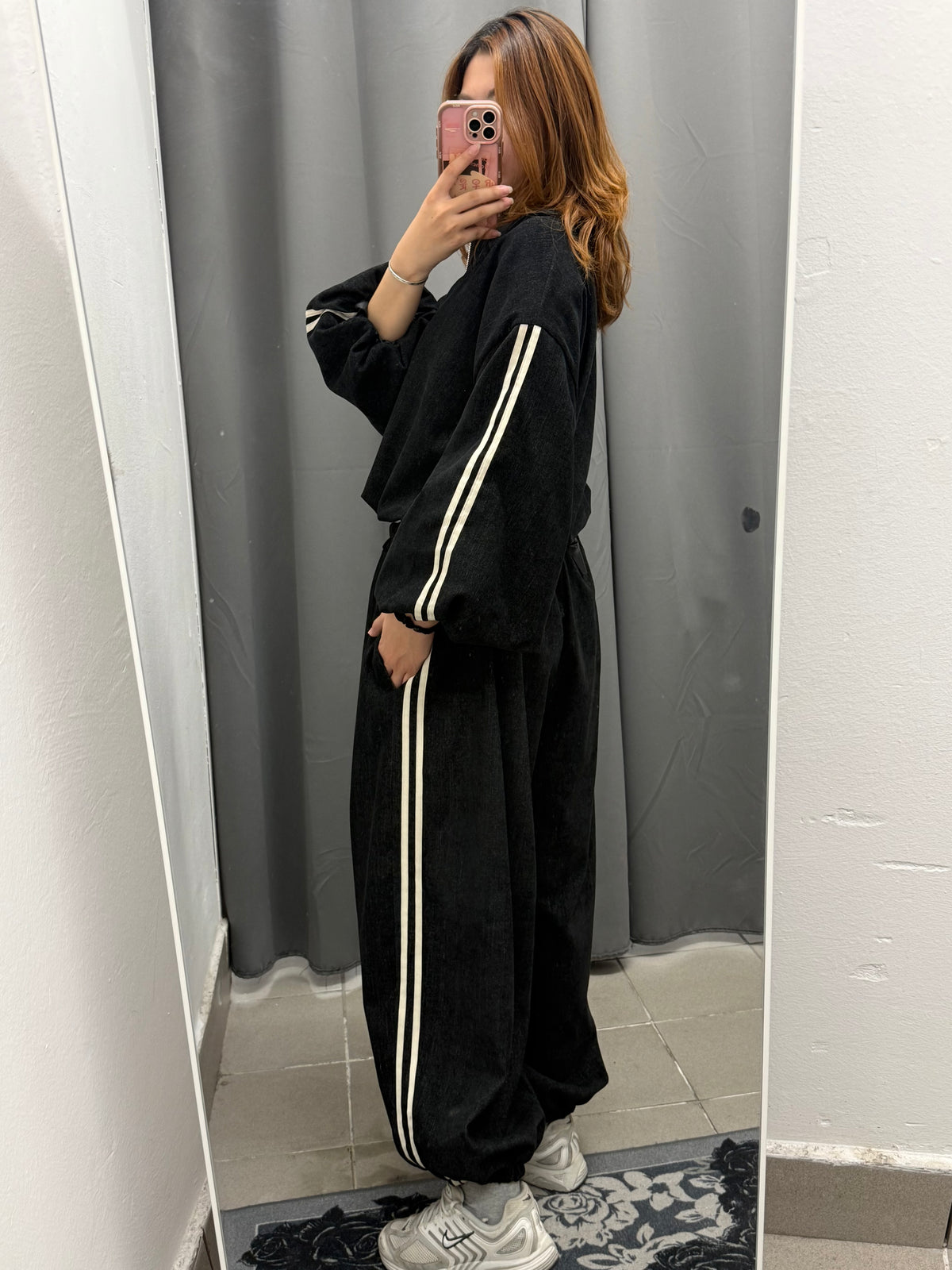 Set Coordinato In Velluto Giacca Bomber E Pantaloni Balloon Con Strisce Laterali FGD MODA
