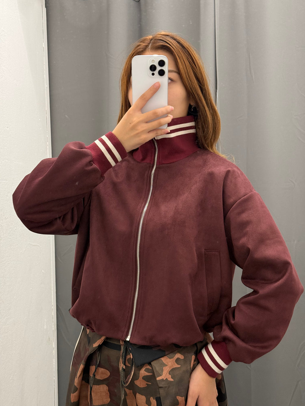 Giacca Bomber In Camoscio Con Colletto E Polsini A Righe FGD MODA