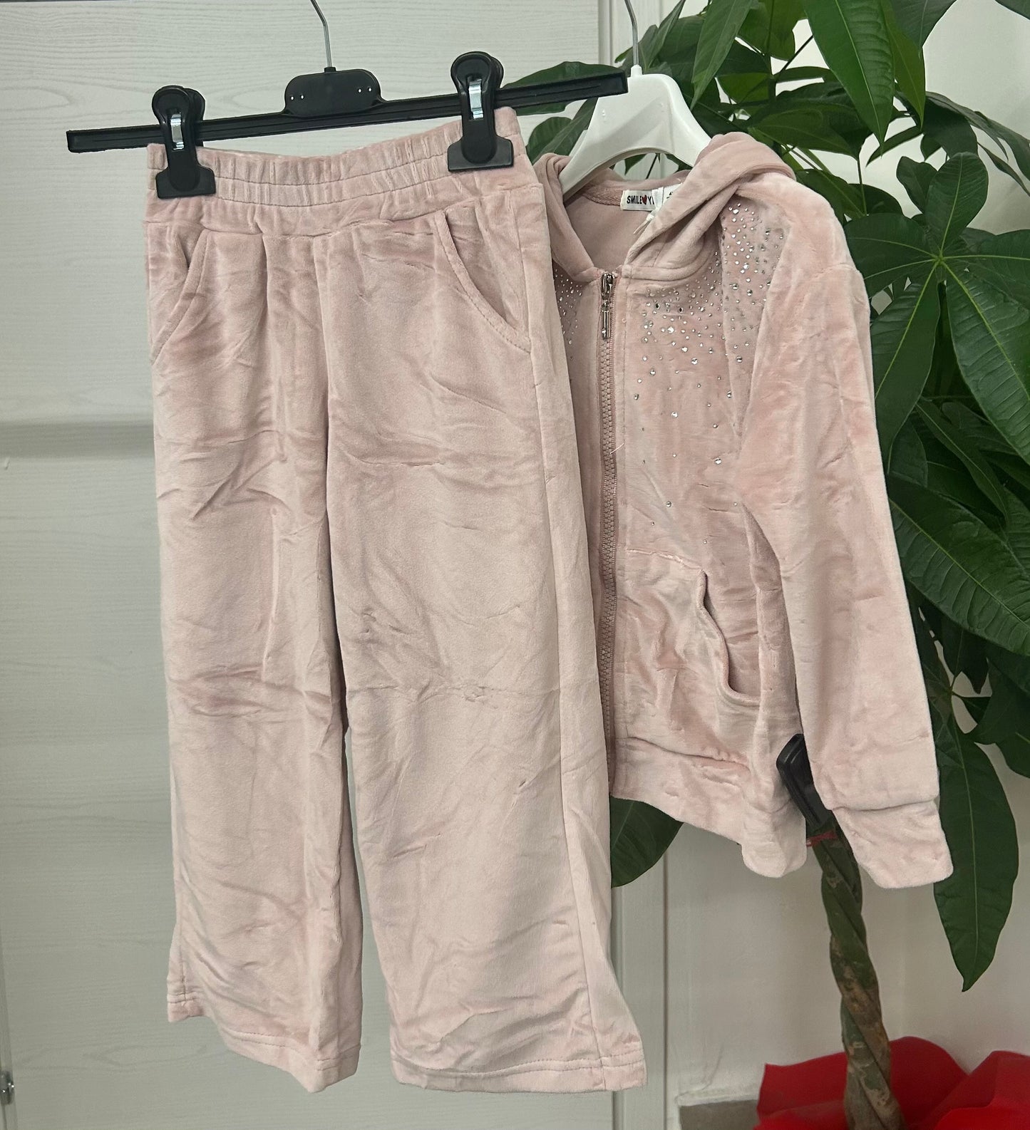 Set coordinato in ciniglia felpa con zip e pantaloni brillantinati
