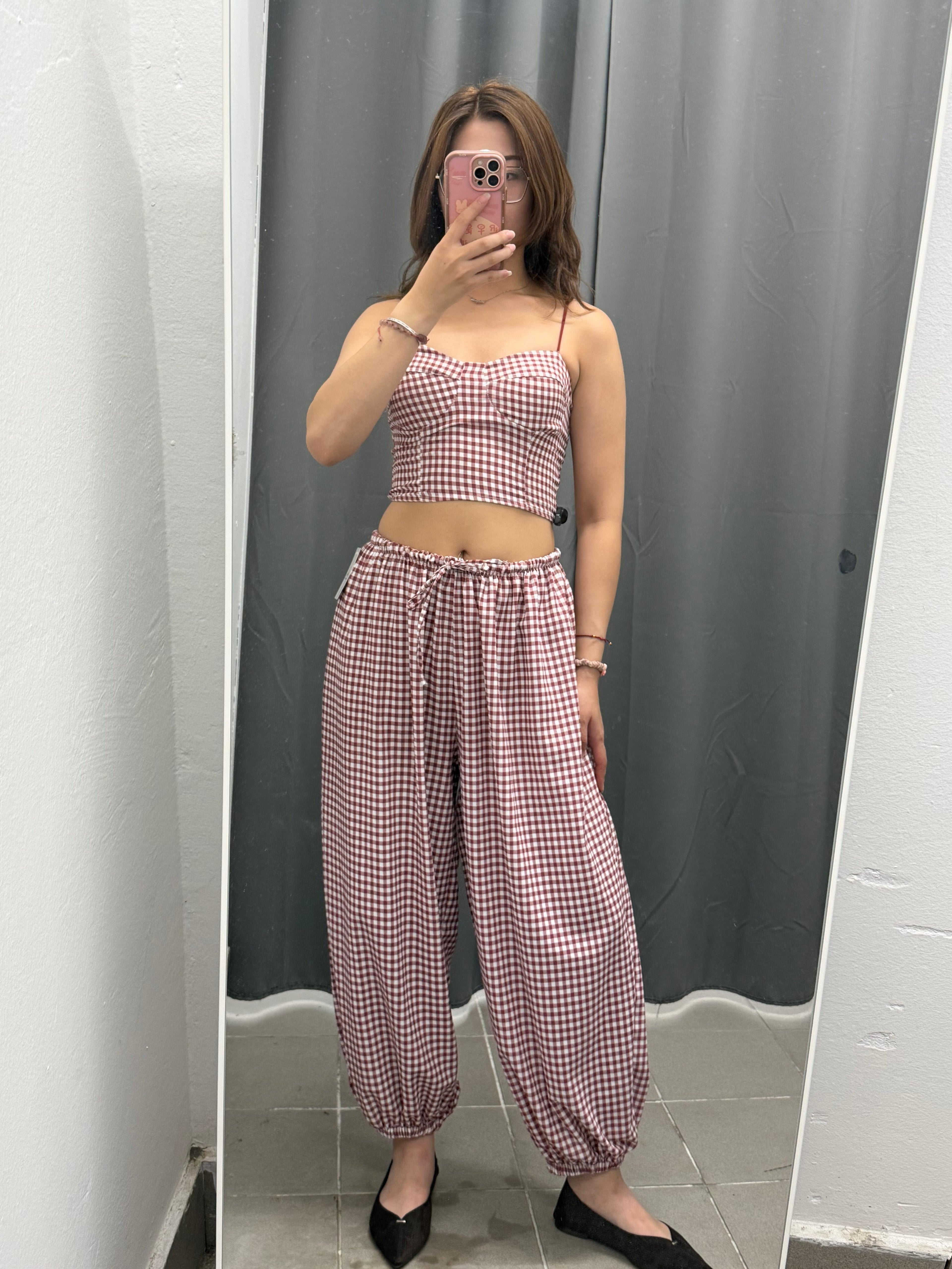 Set Coordinato Top con Spalline Regolabili e Pantaloni Balloon a Quadri FGD MODA