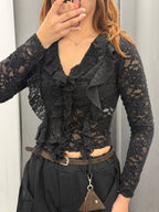 Top Crop In Pizzo A Maniche Lunghe Con Volant FGD MODA