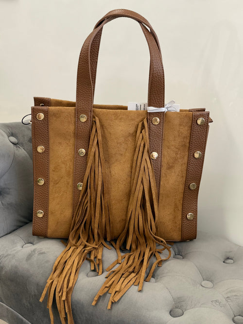 Borsa da spalla in camoscio con frange con tracolla FGD MODA