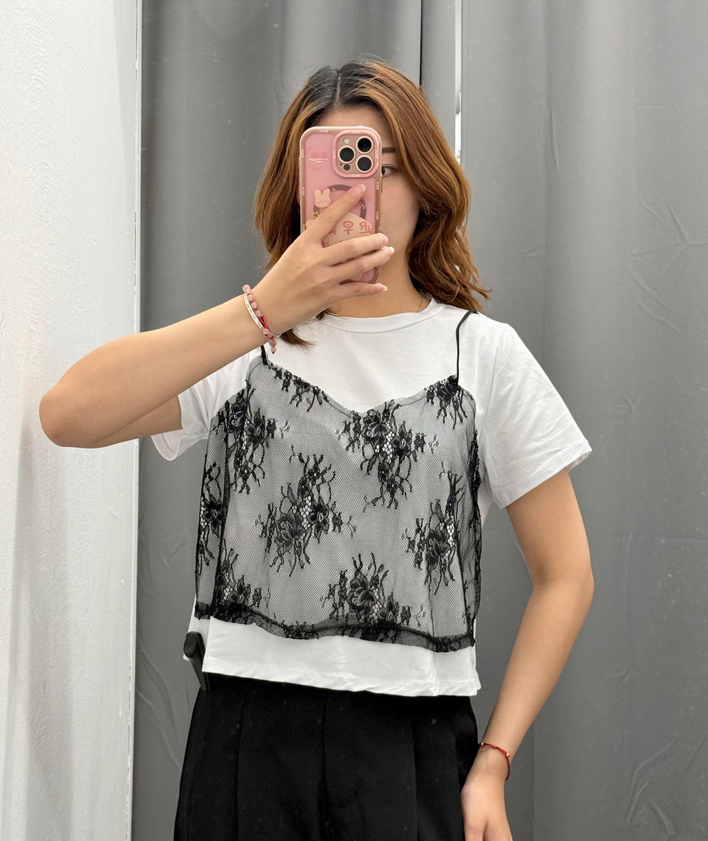 T-shirt misto canotta in pizzo FGD MODA