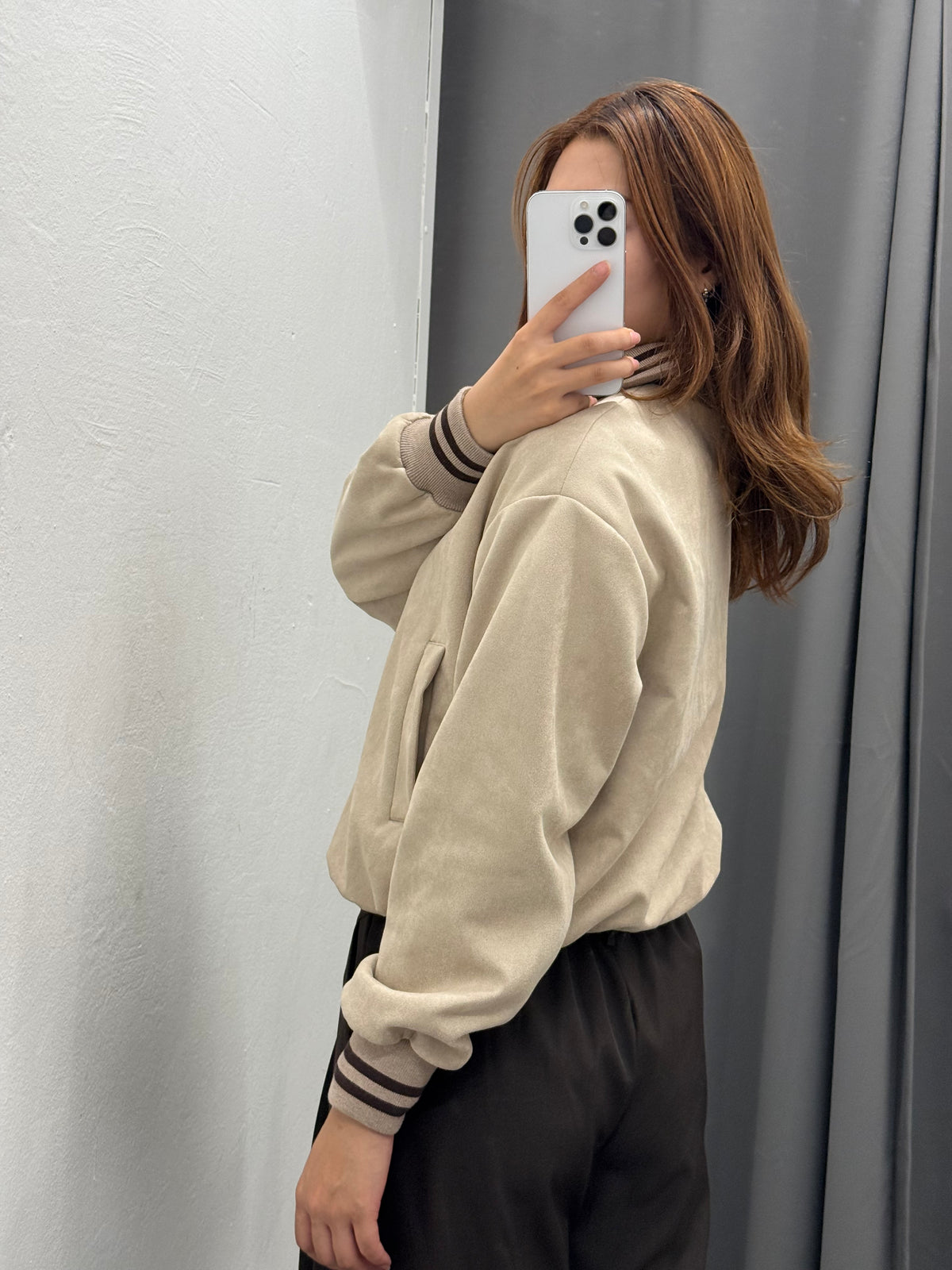 Giacca Bomber In Camoscio Con Colletto E Polsini A Righe FGD MODA