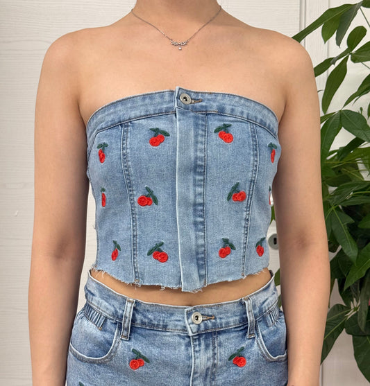 Top a fascia Denim con ciliegie FGD MODA