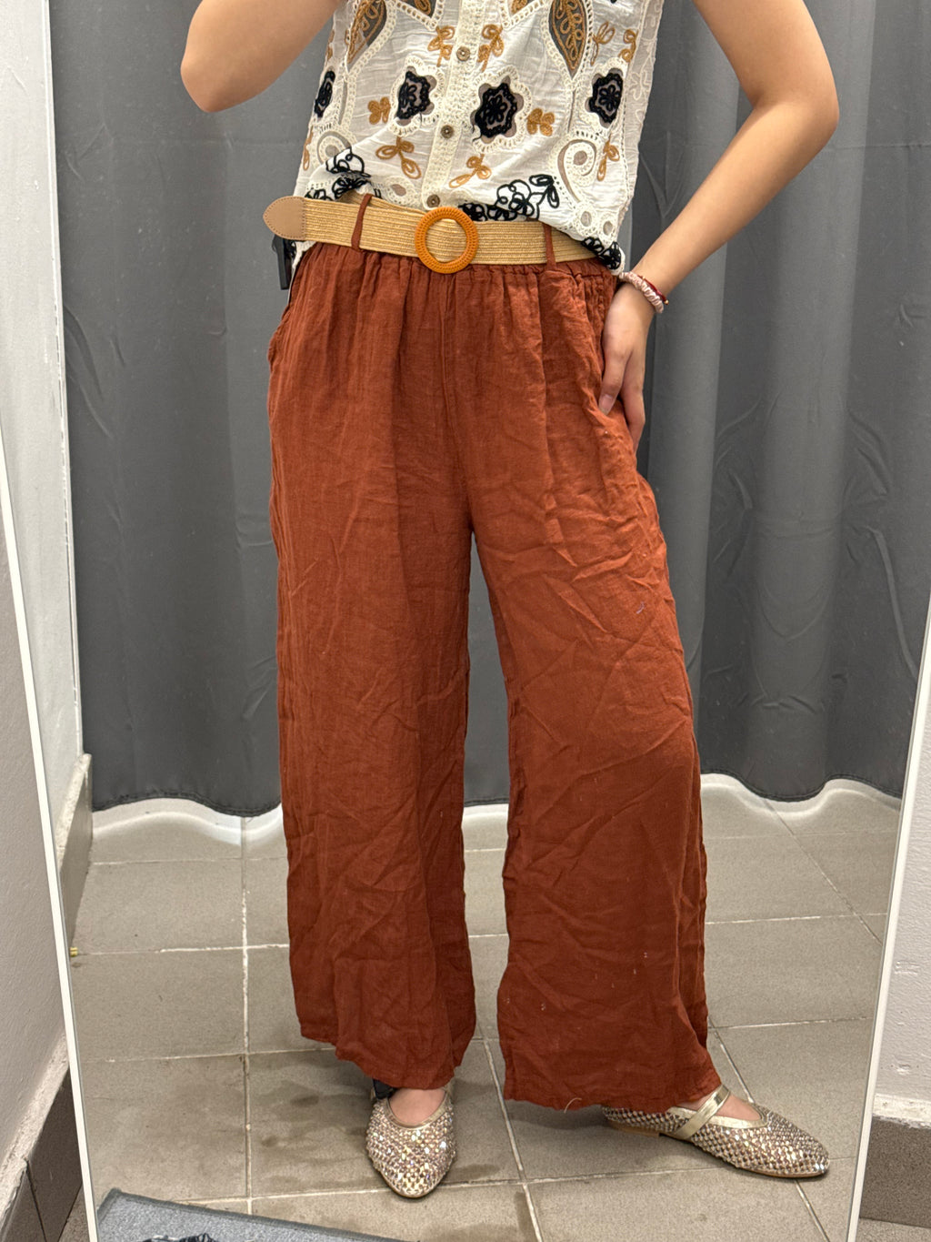 Pantaloni 100% lino a palazzo con cinta FGD MODA