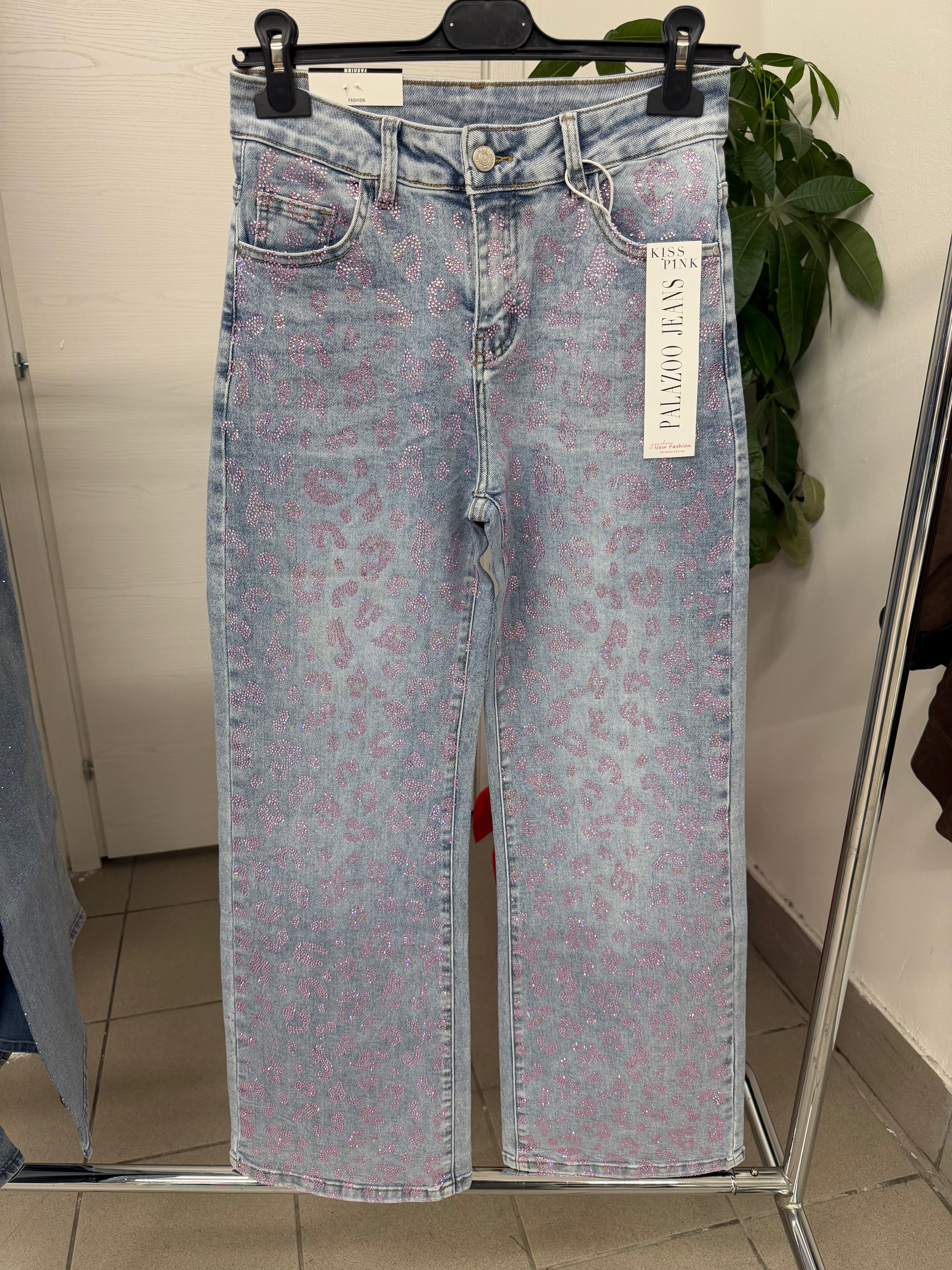 Jeans palazzo brillantini rosa effetto maculato FGD MODA