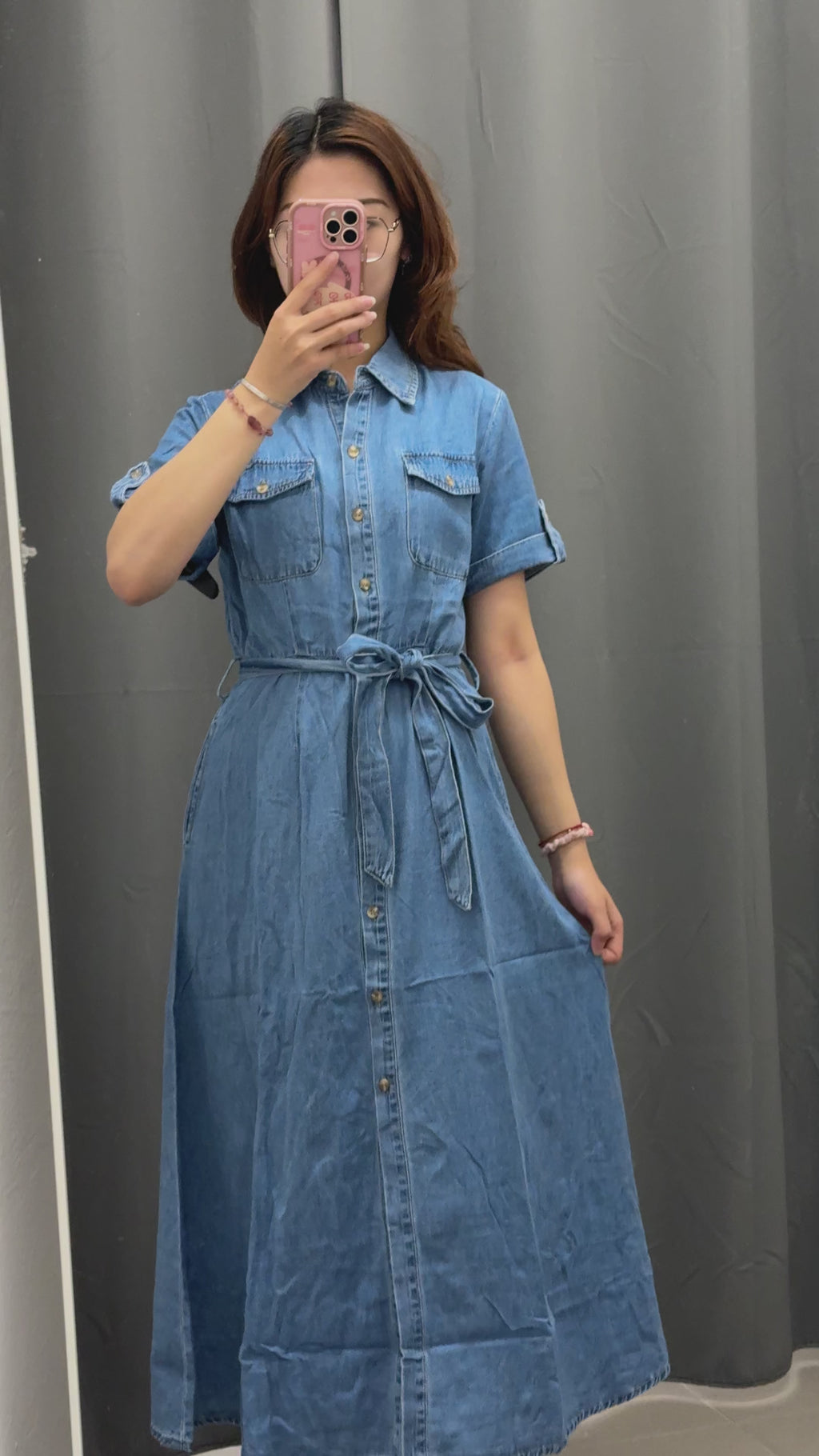 Abito denim lungo con taschini e cinta N3012
